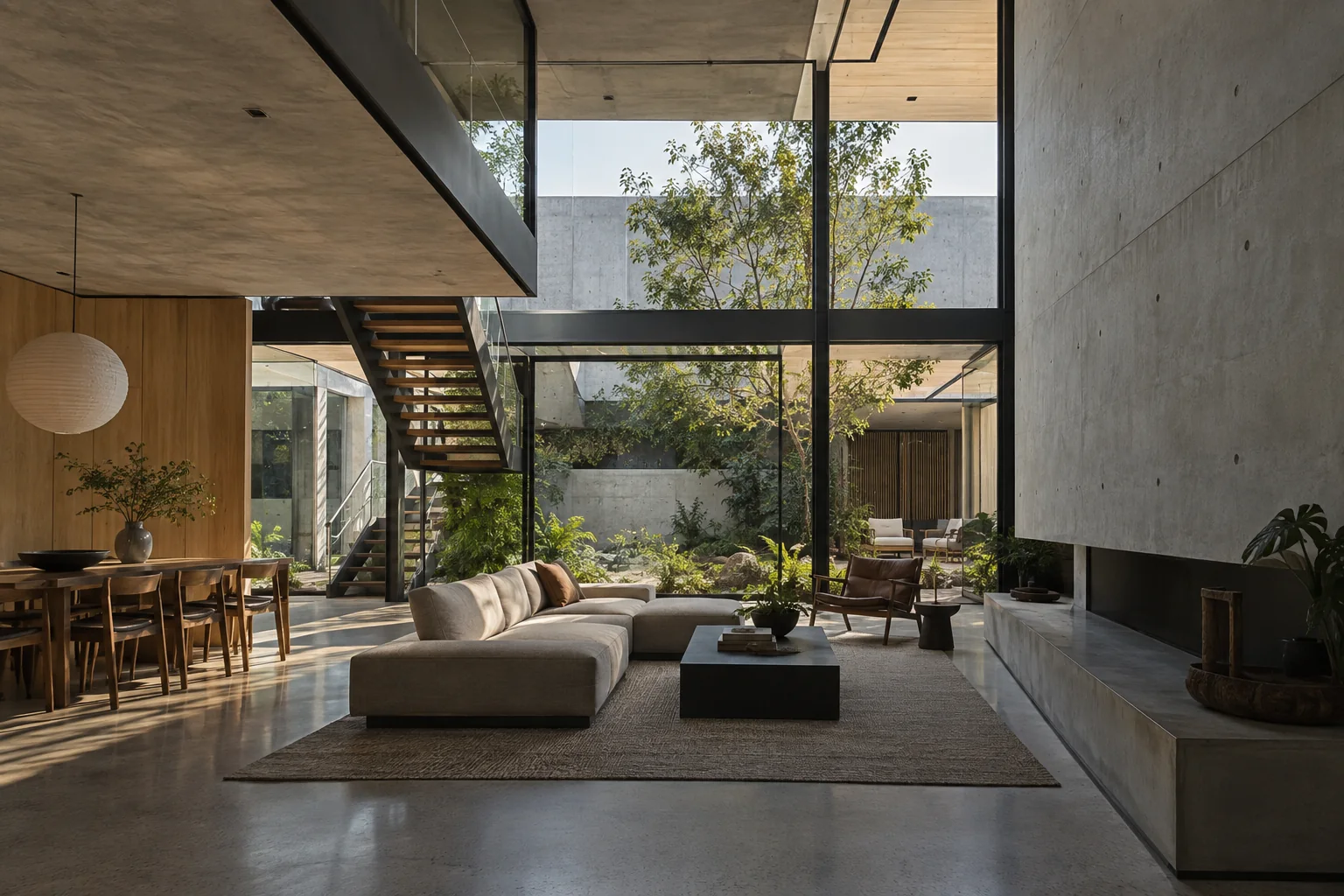 Projet résidentiel d'architecte en béton, bois et verre autour d'un patio