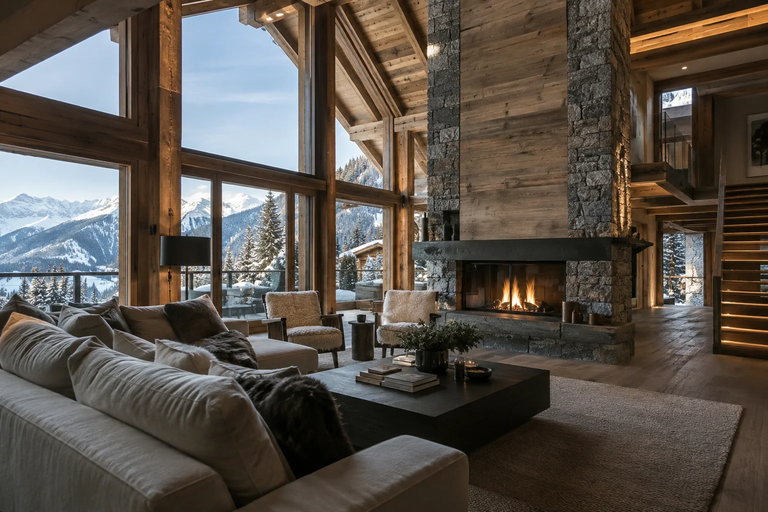 Salon en bois et pierre d'un chalet haut de gamme face aux Alpes