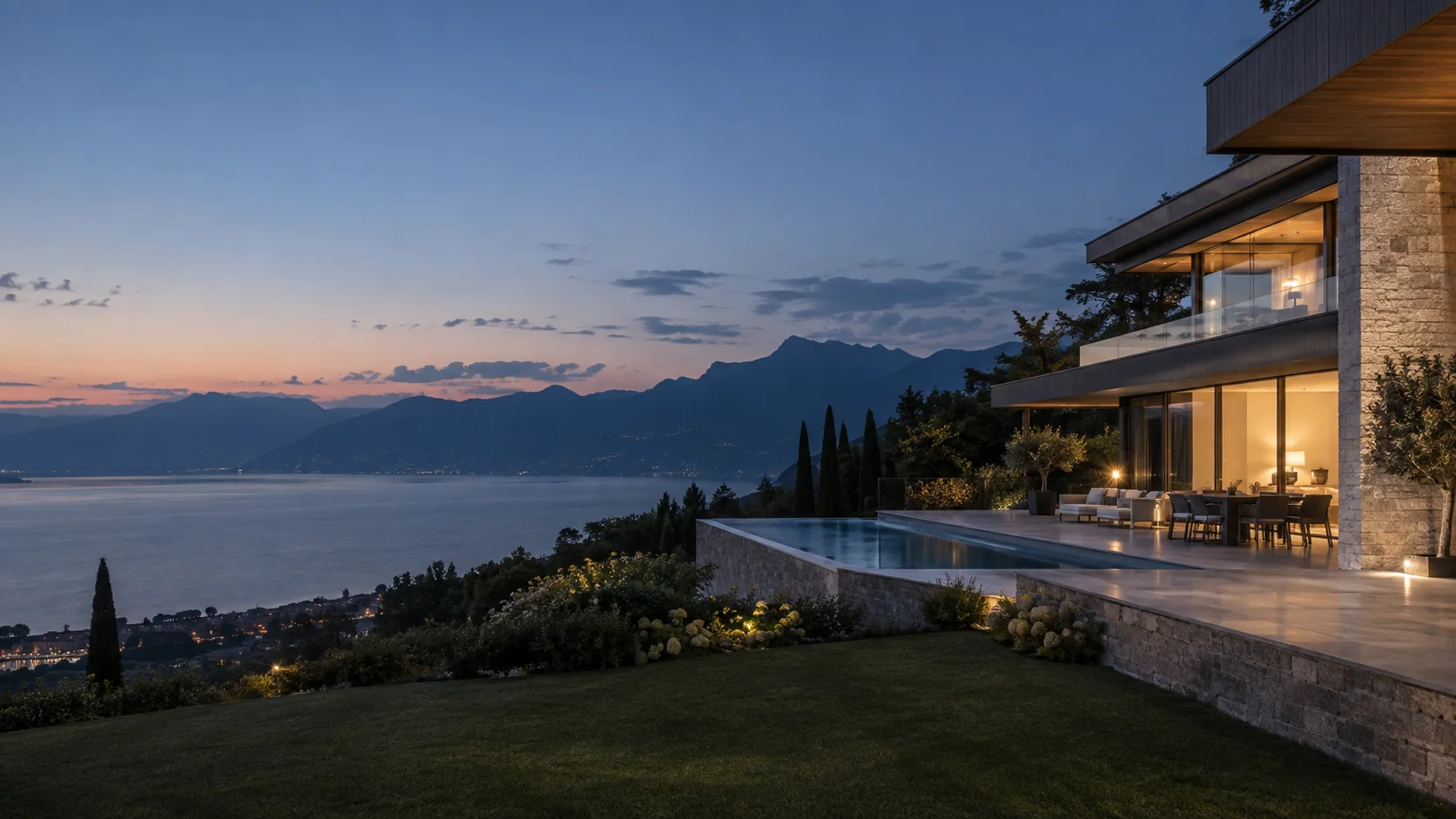 Villa contemporaine dominant le Léman à la tombée du jour