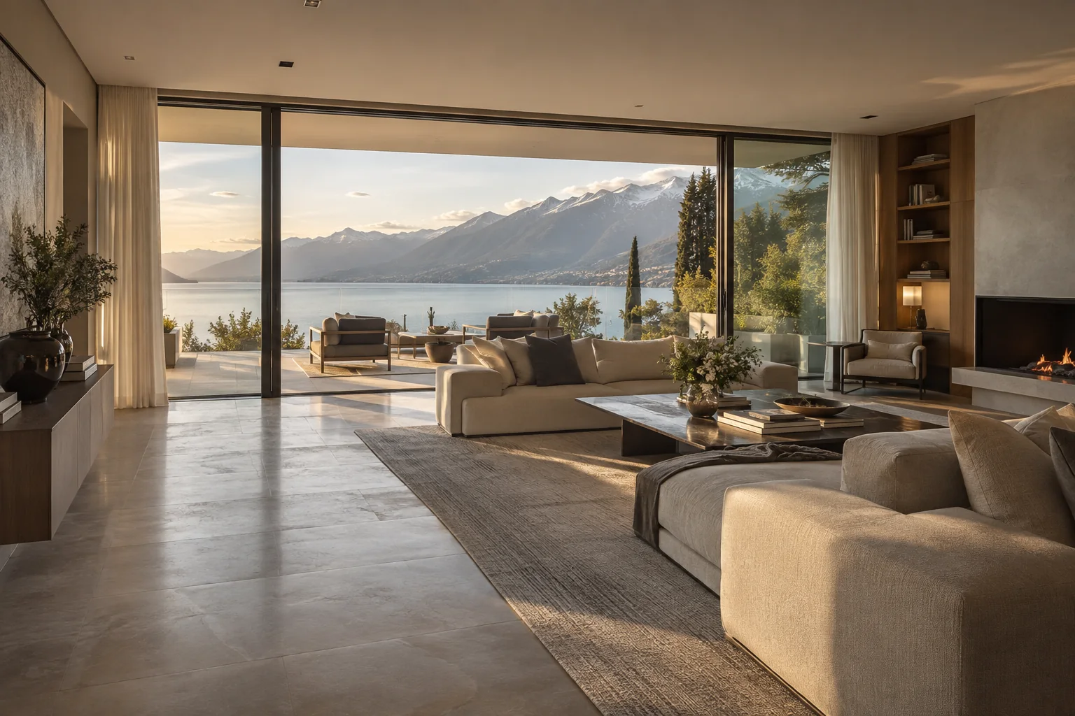 Salon contemporain d'une villa haut de gamme avec vue sur le Léman